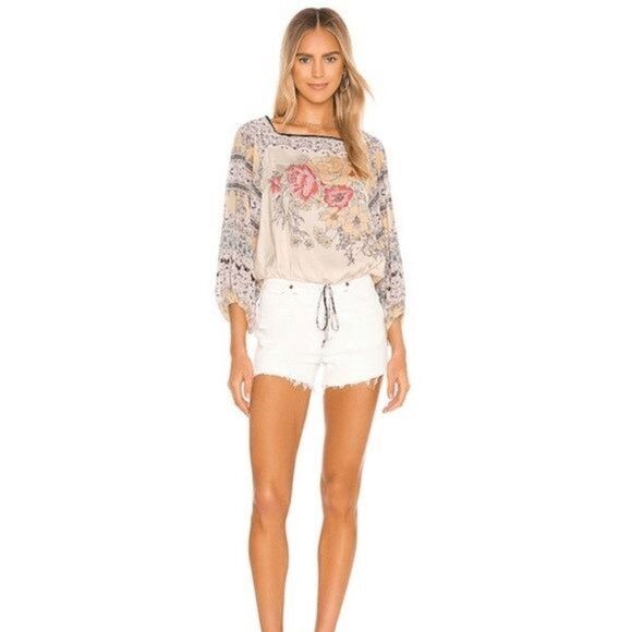 Free People Blue Bile Ivory Batwing Silky Shirt/Top Boho Sz XS - Picture 2 of 11